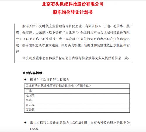 石頭科技股東啟動詢價轉讓1.56%股份，技術轉讓戰略引關注